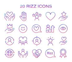 Rizz icon set. Minimalist line icons representing various aspects of social interaction vector