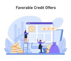 An optimistic depiction of obtaining advantageous credit terms, symbolized by a user reviewing offers and financial growth vector