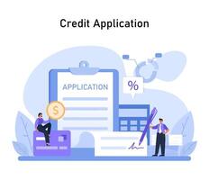 un paso a paso visual guía a aplicando para crédito, presentando solicitud formularios, porcentaje cálculos, y financiero planificación vector
