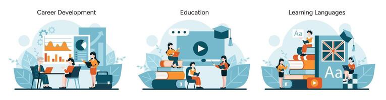 Charts and meetings depict career advancement. Digital learning and book stacks for education. Language acquisition with multimedia tools vector