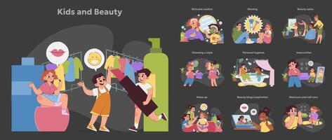 Kids and beauty concept set. Children engaging in beauty routines, choosing styles, and learning personal care. Vector illustration