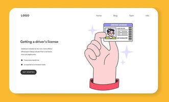 Getting a driver license web banner or landing page. Hand holding driver vector
