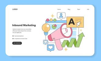 Dynamic representation of inbound marketing strategies, showcasing megaphone, growth graph, and user engagement icons. Flat vector illustration