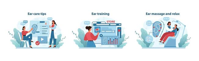 Auditory Health Practices Set. Detailed vector illustrations showing ear care, auditory exercises.