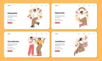 A website layout with lively vector illustrations depicting positive traits. adaptability, optimism, consideration, and ambition, perfect for engaging users.