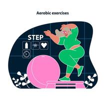 Aerobic exercises in VR. Boost cardio health with virtual step workouts. vector