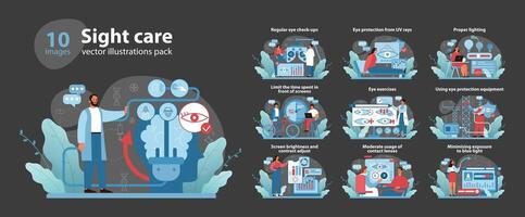 visión cuidado vector colocar. exhaustivo ojo salud Guia con íconos para regular chequeos