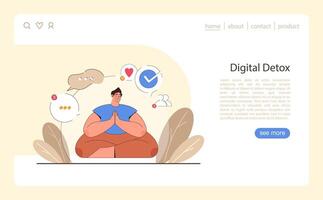 Digital detox web or landing set. Characters practicing mindfulness, vector