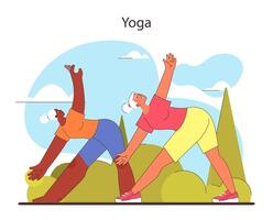 Yoga concept. Friends practicing wellness together in an outdoor setting. vector