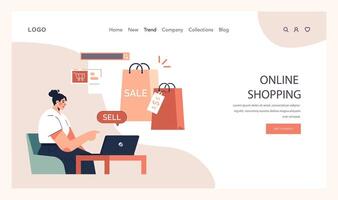 Impulsive buying web banner or landing page. Shopaholic money problems. vector