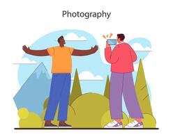 Photography concept. A cheerful moment as one friend captures another's joy in nature. vector