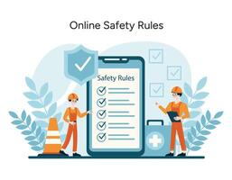 Illustration of workers reviewing digital safety protocols, integrating technology with OSHA compliance vector