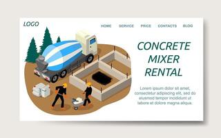 Concrete mixer rental website landing page template vector