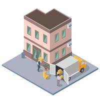 People moving and loading packed boxes, house hunt, flat vector isometric