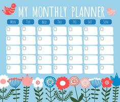 Vector springtime ethnic floral hand drawn monthly planner, schedule template.