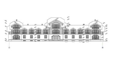 Multistory building facade, detailed architectural technical drawing, vector blueprint