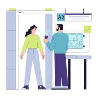 Airport security checkpoint. Characters with a suitcase in the security vector