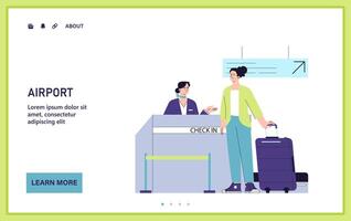 People in the airport. Female character with a suitcase checking-in vector