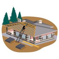 Builder covering the roof of a private house with metal tiles, vector isometric illustration