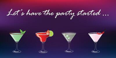 Cocktail party vector invitation poster or banner with four colorful drinks