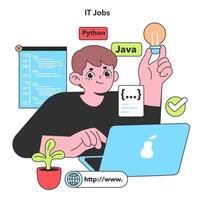 An enthusiastic IT professional with a penchant for Python and Java holds a glowing lightbulb, symbolizing the bright ideas powering today's tech job market vector