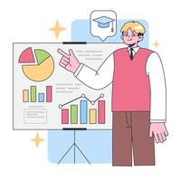 Confident educator explaining data charts on a presentation board. Flat vector illustration.