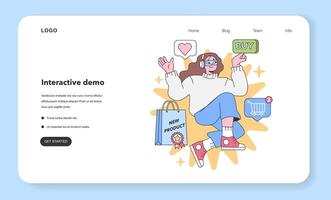 Engaged shopper enjoys interactive product demo. Flat vector illustration.