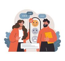 Man and woman from diverse backgrounds evaluate. Flat vector illustration