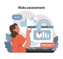 riesgo evaluación en proyecto gestión. un gerente evalúa potencial proyecto peligros. vector