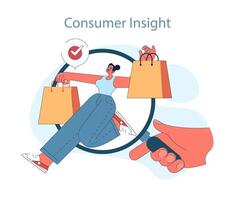 Consumer behavior. Purchase journey. Satisfied shopper with multiple vector