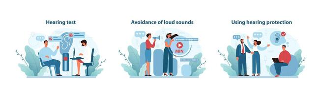 Hearing Care Set. Engaging vector illustrations portraying a hearing test, avoiding loud noises, and using hearing protection devices. Flat vector illustration.