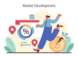 Market Development concept. Energetic businesswoman navigating growth with symbols vector