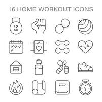 Essential Home Workout Icons set. Symbols represent key fitness elements like weights. vector