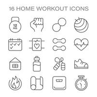 Essential Home Workout Icons set. Symbols represent key fitness elements like weights. vector