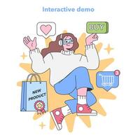 Engaged shopper enjoys interactive product demo. Flat vector illustration.