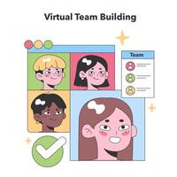 Diverse virtual team members in a colorful grid, with a checklist symbolizing vector