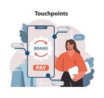 Touchpoints concept. Marketer aligns brand's presence across mobile interface. vector