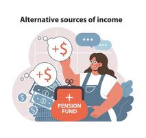 Income Diversification concept. Woman explores adding multiple income streams to enhance pension fund. vector