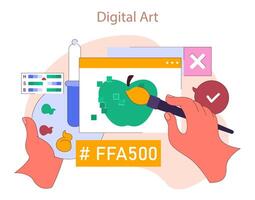 Artist's hand creating digital apple illustration, surrounded by color palettes vector