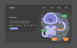 AI ethics dark or night mode web, landing. Robot balanced scales, unbiased vector