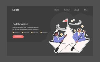 Collaboration dark or night mode web, landing. Two professionals vector