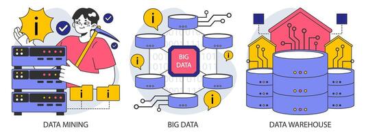 Information management set. Data mining, storage, processing and security vector