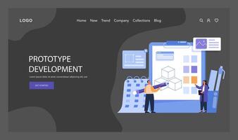Prototype Development illustration. Detailed view of a team crafting a digital prototype vector