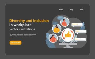 Diverse employees around a computer screen. Flat vector illustration