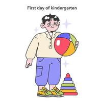 First day of kindergarten. Childhood years life milestones. Child playing vector