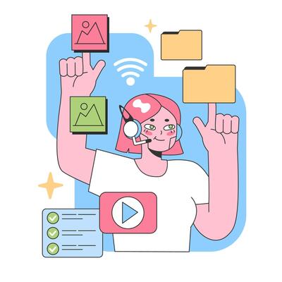 Engaged virtual assistant manages multimedia elements. Flat vector illustration