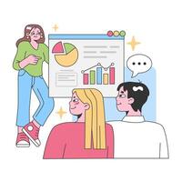 Engaging presentation by a young woman showcasing data to attentive listeners. Flat vector illustration