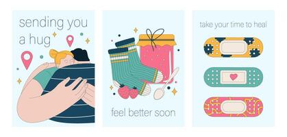 Get well soon card set. Positive and motivational poster with greeting vector