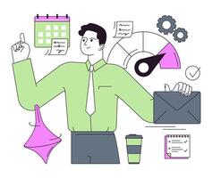 Employee efficiency. Business employee productive multitasking. Time management vector