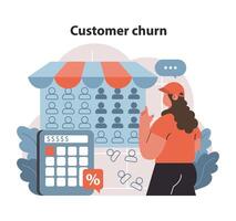 Customer churn concept. Concerned woman observing store's dwindling sales. vector